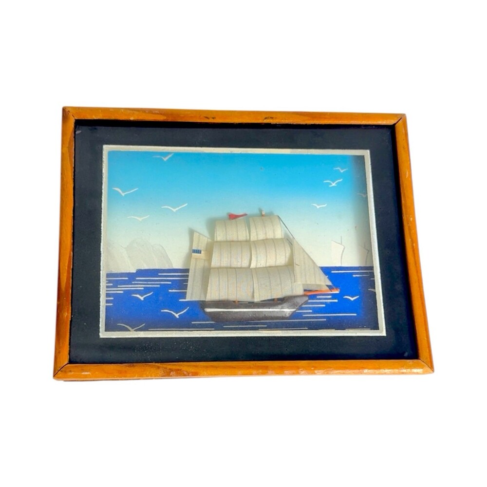 Vintage Handmade 3D Sailing Ship Shadow Box Maritime Nautical Folk Art Diorama